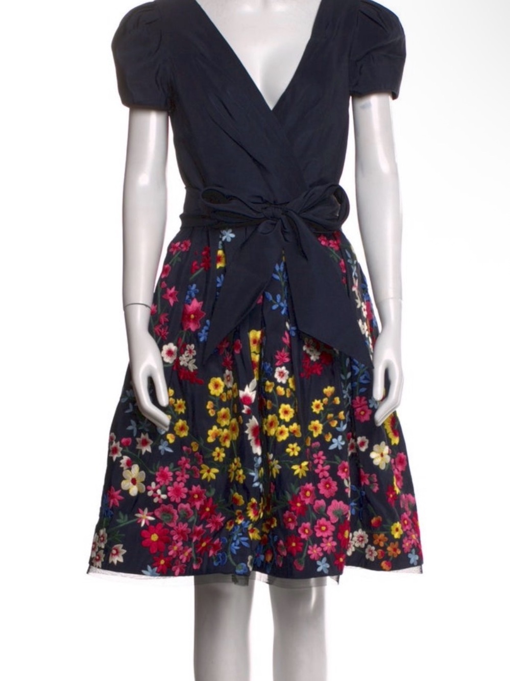 Naeem Khan Navy Floral Midi Dress with Waist Tie